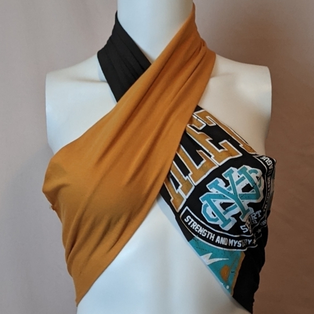 Fashion Nova Black and Orange Tailgate Honey Tie Back Halter Crop Top size XS